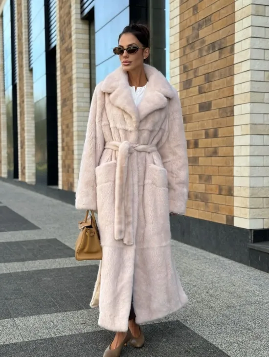 Шуба норковая - пальто с поясом, классика