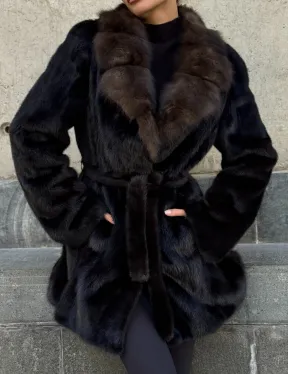 Норковая шуба махагон с куницей
