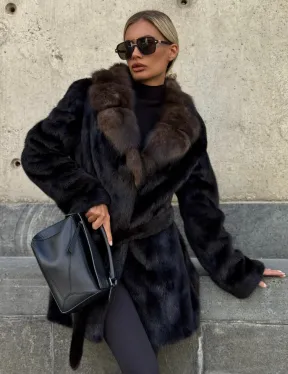 Норковая шуба махагон с куницей