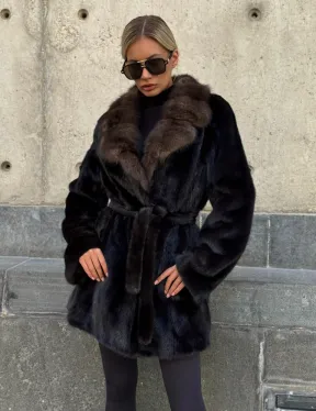 Норковая шуба махагон с куницей