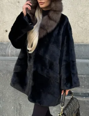 Черный норковый полушубок с капюшоном куница