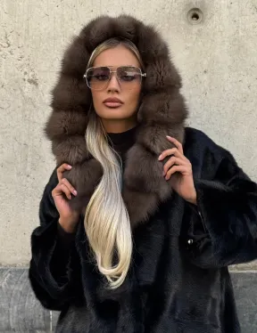 Черный норковый полушубок с капюшоном куница