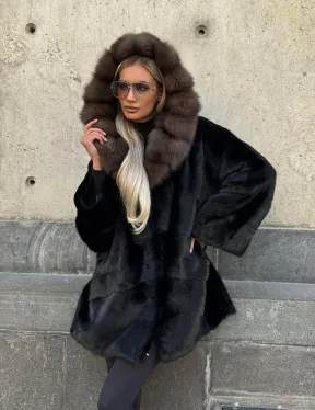 Черный норковый полушубок с капюшоном куница