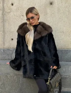 Черный норковый полушубок с капюшоном куница