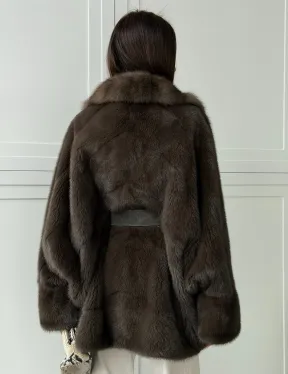 Шуба норковая летучая мышь с воротником из куницы - цвет хаки