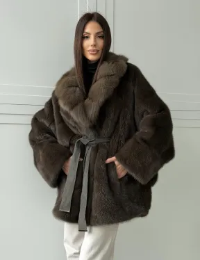 Шуба норковая летучая мышь с воротником из куницы - цвет хаки