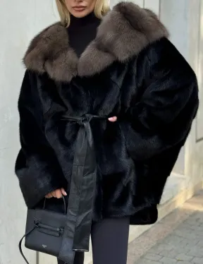 Черная норковая шуба летучая мышь с капюшоном из куницы