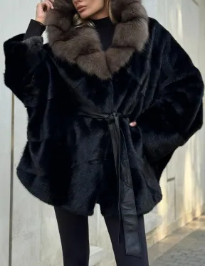 Черная норковая шуба летучая мышь с капюшоном из куницы