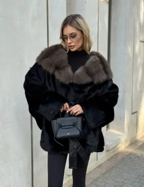 Черная норковая шуба летучая мышь с капюшоном из куницы