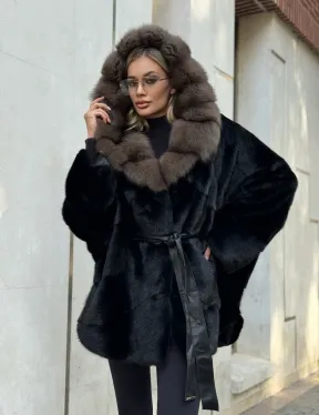 Черная норковая шуба летучая мышь с капюшоном из куницы