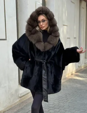 Черная норковая шуба летучая мышь с капюшоном из куницы