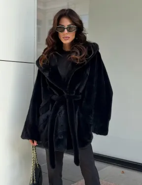 Пончо из норки с капюшоном кобра - черно-синий
