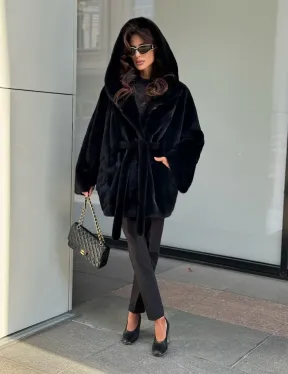 Пончо из норки с капюшоном кобра - черно-синий