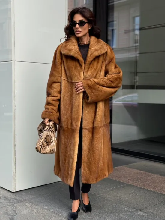 Золотистая норковая шуба с воротником апаш - New 2026
