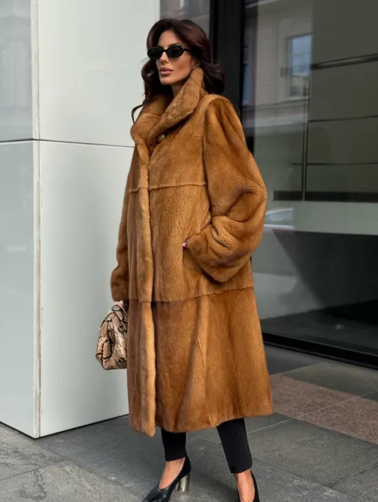 Золотистая норковая шуба с воротником апаш - New 2026