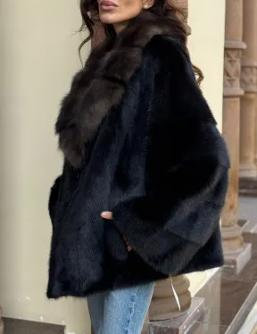 Короткая норковая шуба махагон с воротником из куницы