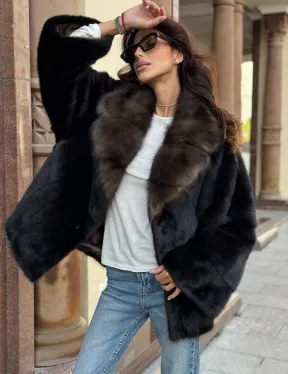 Короткая норковая шуба махагон с воротником из куницы