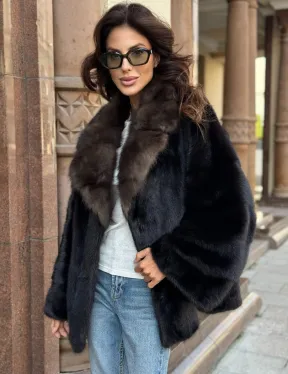 Короткая норковая шуба махагон с воротником из куницы