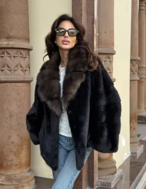 Короткая норковая шуба махагон с воротником из куницы