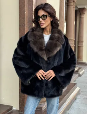 Короткая норковая шуба махагон с воротником из куницы