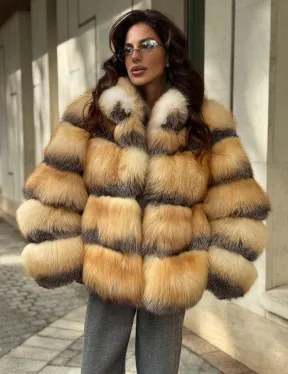 Полушубок из меха лисы Golden-grey fox стойка воротник