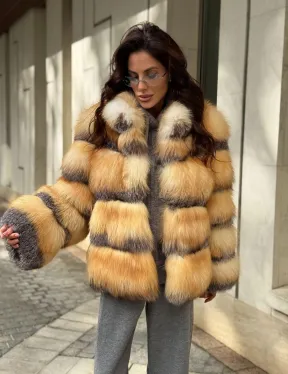Полушубок из меха лисы Golden-grey fox стойка воротник