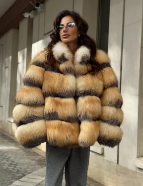 Полушубок из меха лисы Golden-grey fox стойка воротник