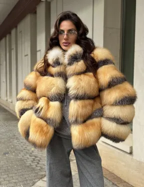 Полушубок из меха лисы Golden-grey fox стойка воротник