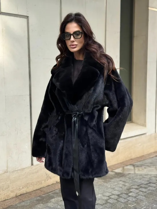 Полушубок из норки с английским воротником - черный