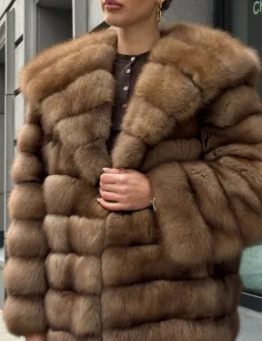 Шуба из натурального меха куницы с капюшоном