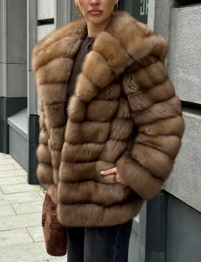 Шуба из натурального меха куницы с капюшоном