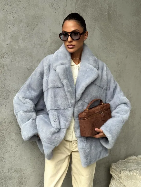 Шуба норковая кимоно автоледи - цвет голубой