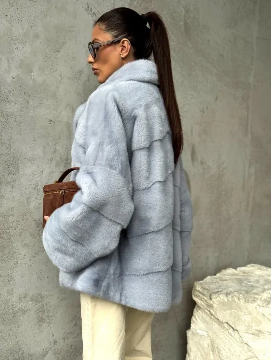 Шуба норковая кимоно автоледи - цвет голубой