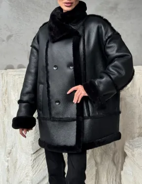 Черная современная дубленка