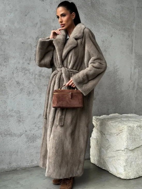 Длинная норковая шуба - цвет серый