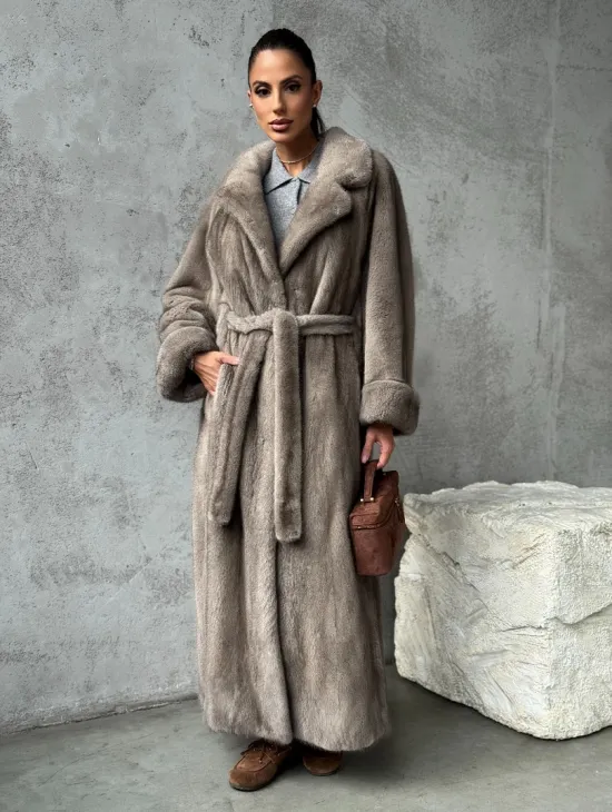 Длинная норковая шуба - цвет серый