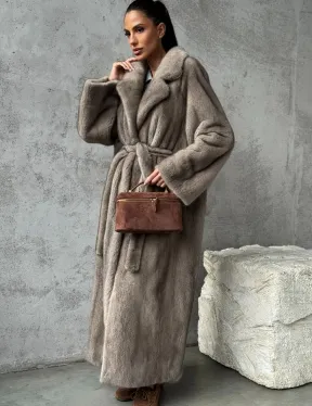 Длинная норковая шуба - цвет серый