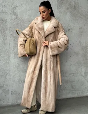 Длинная норковая шуба пастель