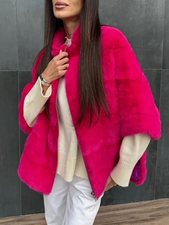 Норковая кофта на молнии - фуксия