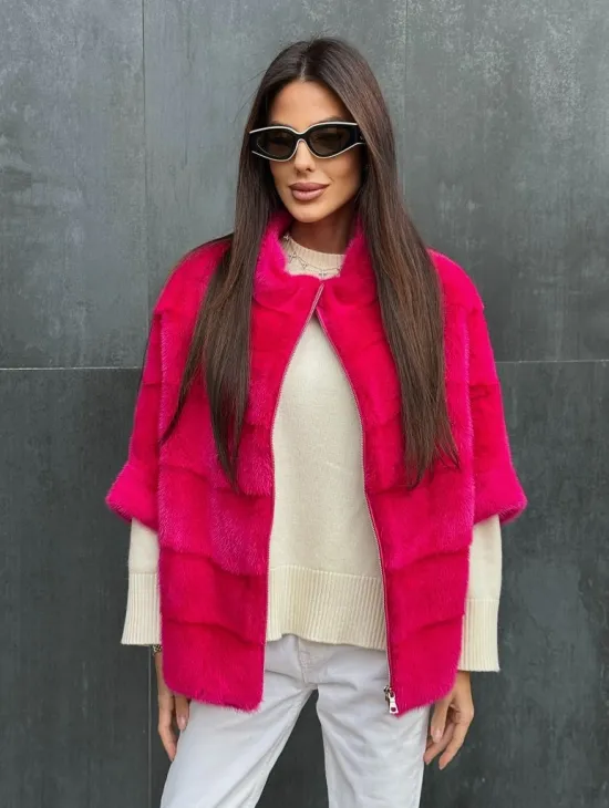 Норковая кофта на молнии - фуксия