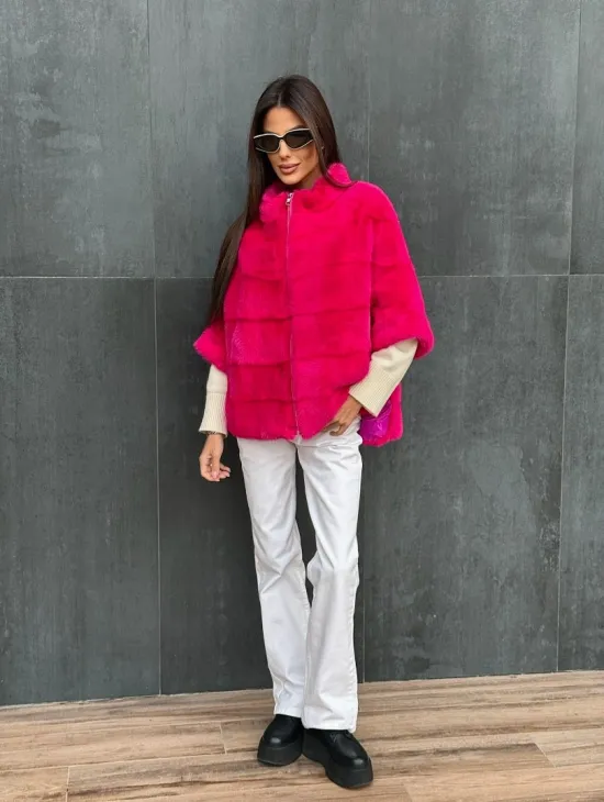 Норковая кофта на молнии - фуксия