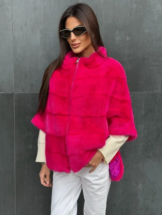 Норковая кофта на молнии - фуксия
