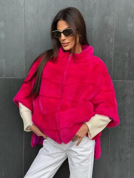 Норковая кофта на молнии - фуксия
