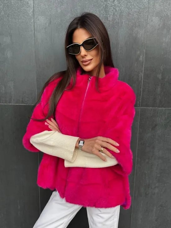 Норковая кофта на молнии - фуксия