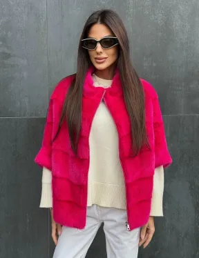 Норковая кофта на молнии - фуксия