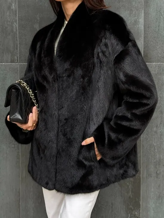 Черный норковый полушубок V-образный воротник