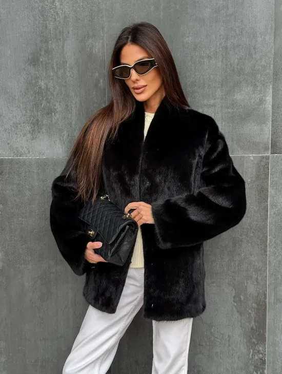Черный норковый полушубок V-образный воротник