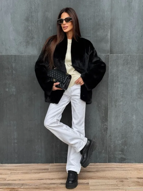 Черный норковый полушубок V-образный воротник