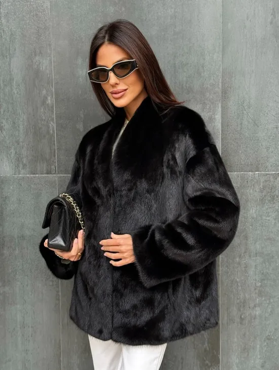 Черный норковый полушубок V-образный воротник