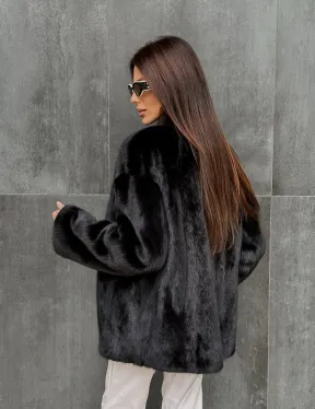 Черный норковый полушубок V-образный воротник